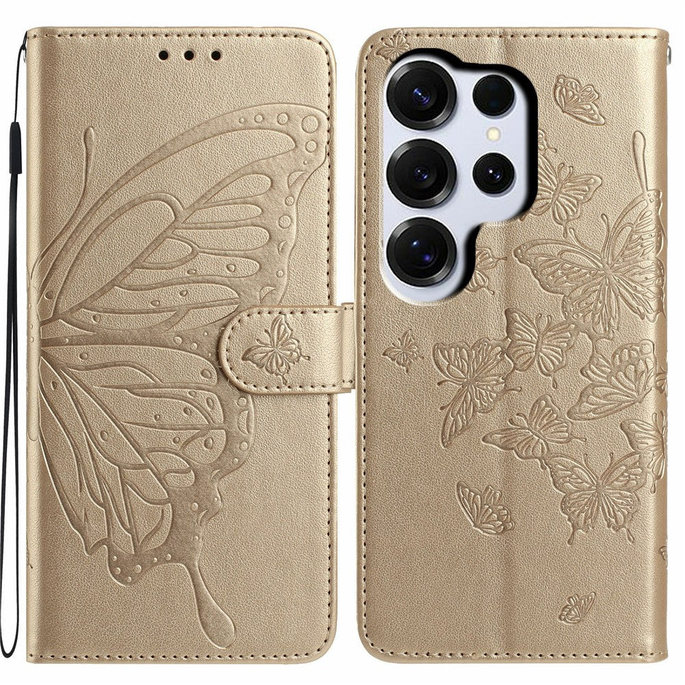 For-Samsung-Galaxy-S26-Ultra-Case-Butterfly-Imprinted-Wallet-Stand-PU-Leather-Flip-Phone-Cover-with-Strap-Gold