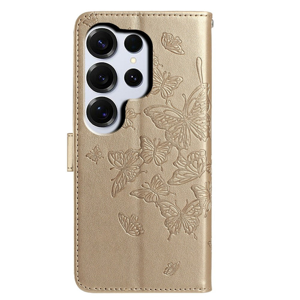 For-Samsung-Galaxy-S26-Ultra-Case-Butterfly-Imprinted-Wallet-Stand-PU-Leather-Flip-Phone-Cover-with-Strap-Gold