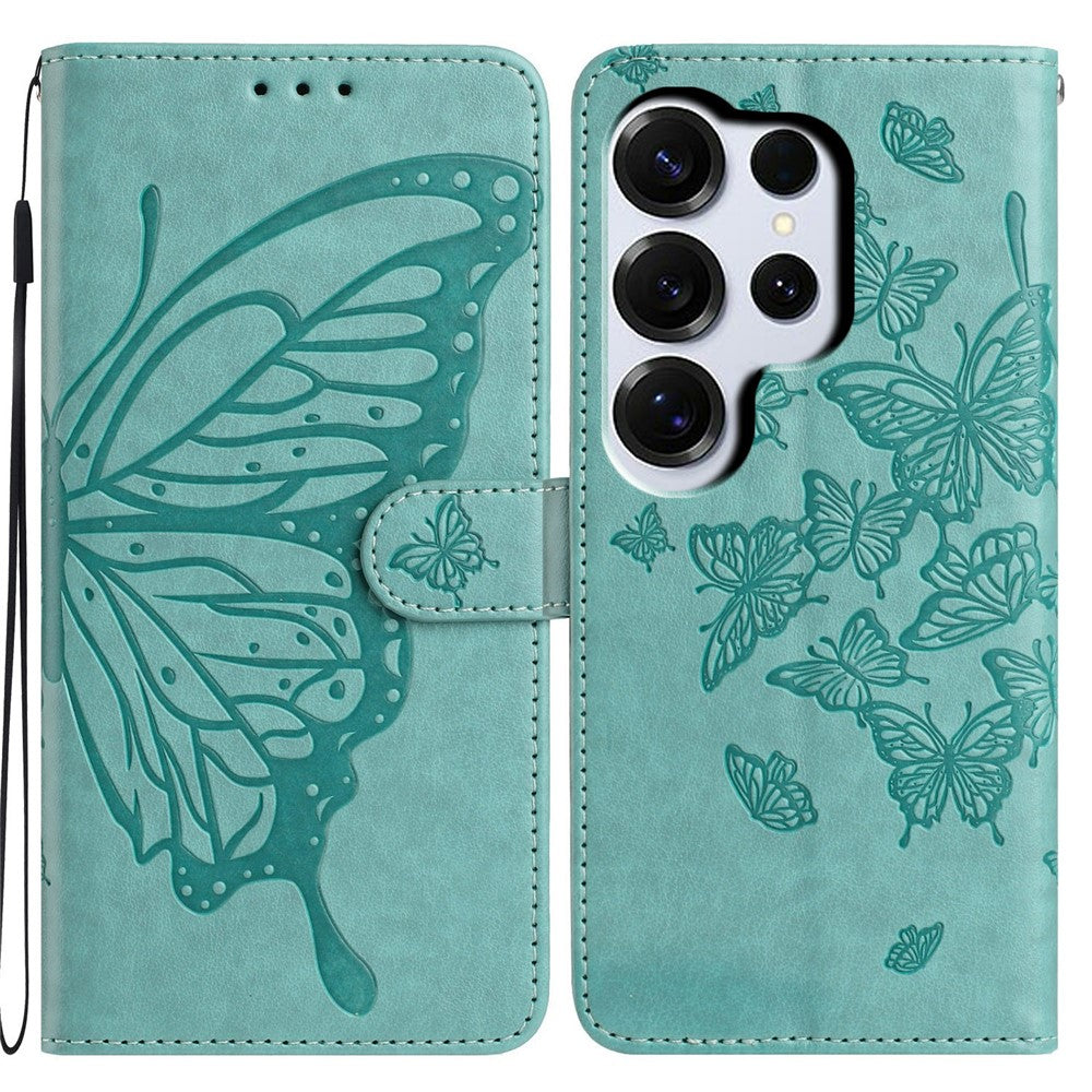 For-Samsung-Galaxy-S26-Ultra-Case-Butterfly-Imprinted-Wallet-Stand-PU-Leather-Flip-Phone-Cover-with-Strap-Green