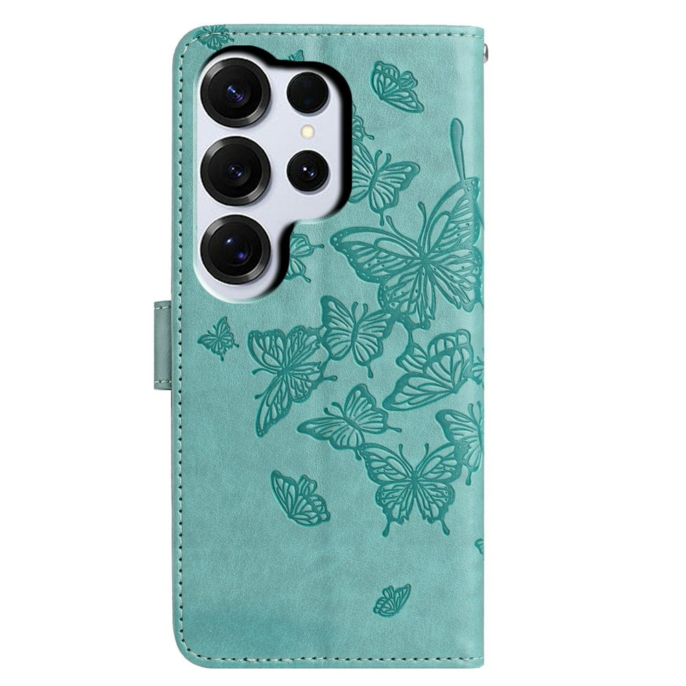 For-Samsung-Galaxy-S26-Ultra-Case-Butterfly-Imprinted-Wallet-Stand-PU-Leather-Flip-Phone-Cover-with-Strap-Green