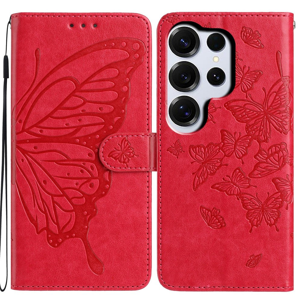 For-Samsung-Galaxy-S26-Ultra-Case-Butterfly-Imprinted-Wallet-Stand-PU-Leather-Flip-Phone-Cover-with-Strap-Red