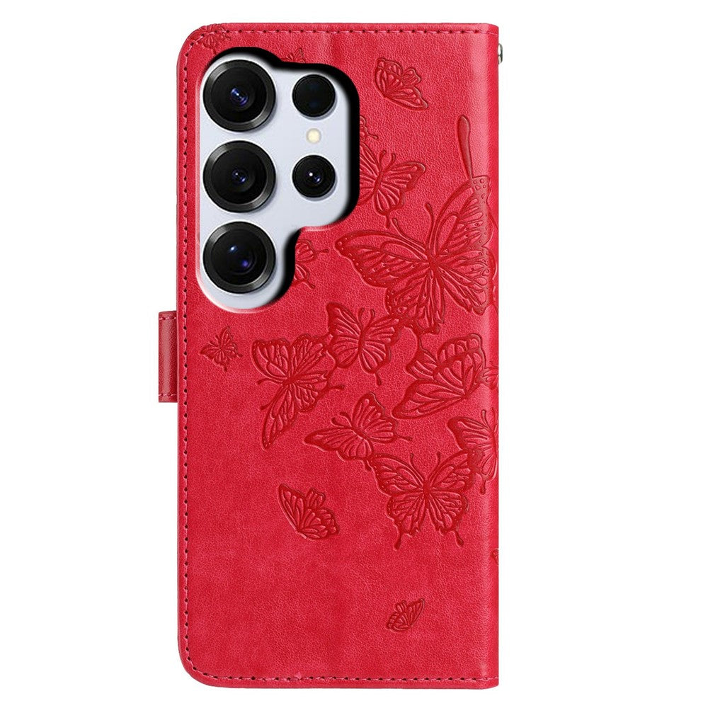 For-Samsung-Galaxy-S26-Ultra-Case-Butterfly-Imprinted-Wallet-Stand-PU-Leather-Flip-Phone-Cover-with-Strap-Red