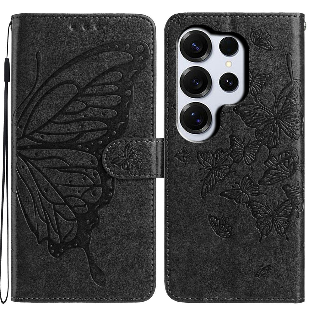 For-Samsung-Galaxy-S26-Ultra-Case-Butterfly-Imprinted-Wallet-Stand-PU-Leather-Flip-Phone-Cover-with-Strap-Black