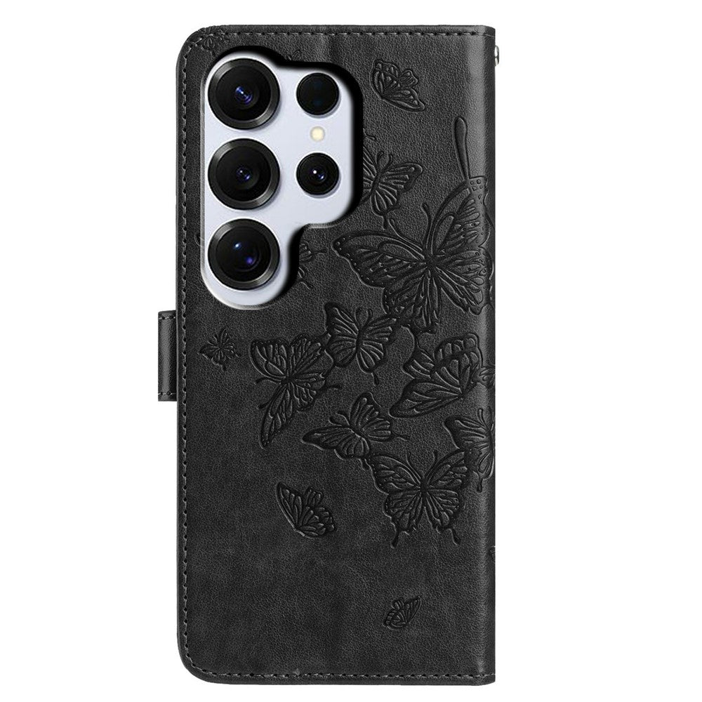 For-Samsung-Galaxy-S26-Ultra-Case-Butterfly-Imprinted-Wallet-Stand-PU-Leather-Flip-Phone-Cover-with-Strap-Black