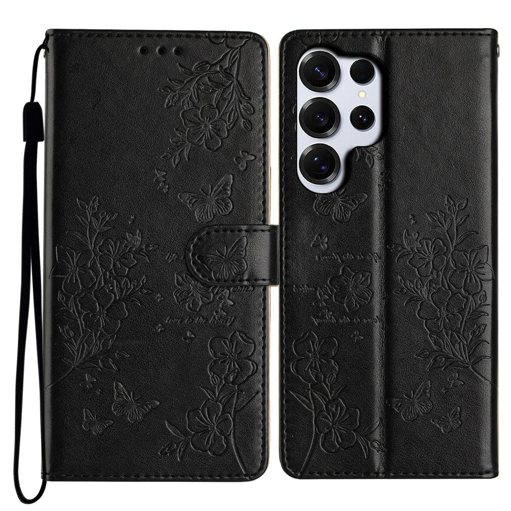For-Samsung-Galaxy-S26-Ultra-Wallet-Phone-Case-Butterfly-Floral-Imprint-Leather-Flip-Cover-with-Strap-Black