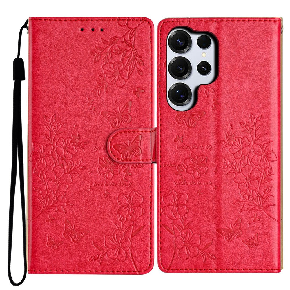 For-Samsung-Galaxy-S26-Ultra-Wallet-Phone-Case-Butterfly-Floral-Imprint-Leather-Flip-Cover-with-Strap-Red