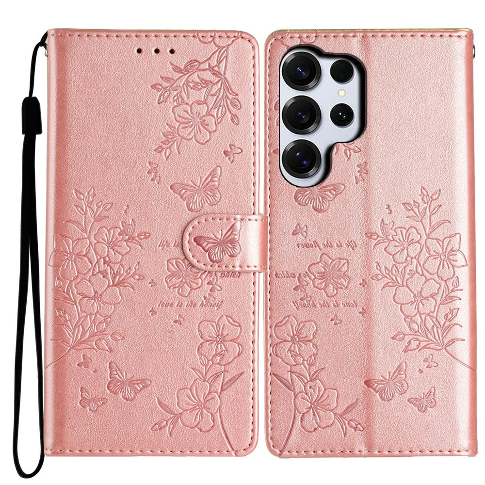 For-Samsung-Galaxy-S26-Ultra-Wallet-Phone-Case-Butterfly-Floral-Imprint-Leather-Flip-Cover-with-Strap-Rose-Gold