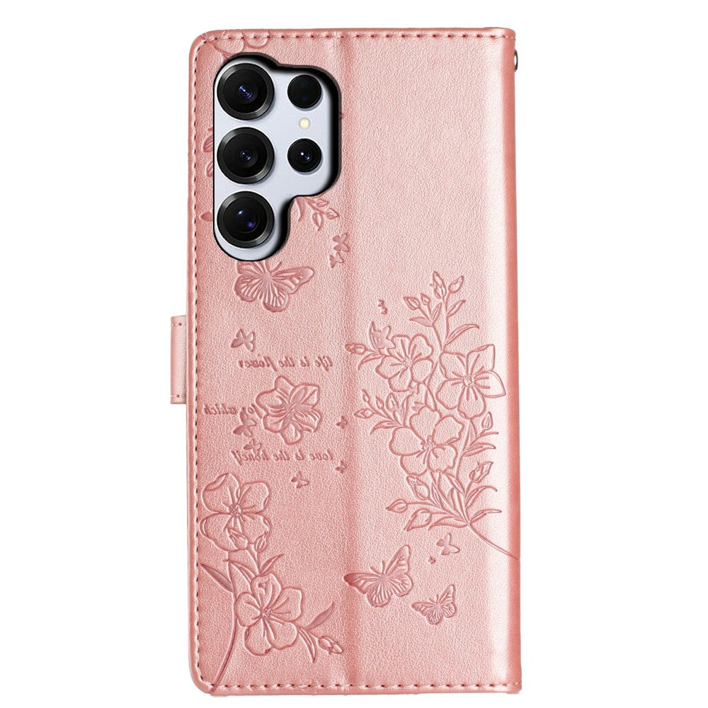 For-Samsung-Galaxy-S26-Ultra-Wallet-Phone-Case-Butterfly-Floral-Imprint-Leather-Flip-Cover-with-Strap-Rose-Gold
