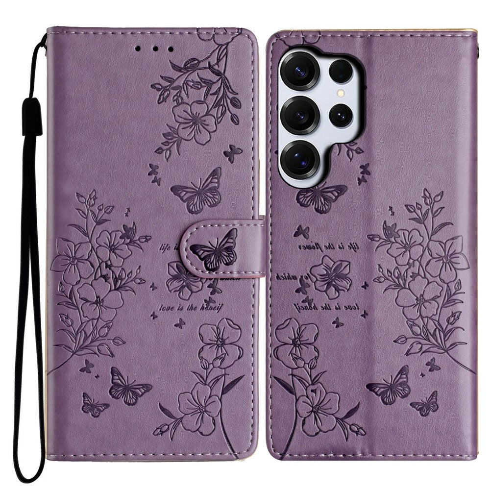 For-Samsung-Galaxy-S26-Ultra-Wallet-Phone-Case-Butterfly-Floral-Imprint-Leather-Flip-Cover-with-Strap-Purple
