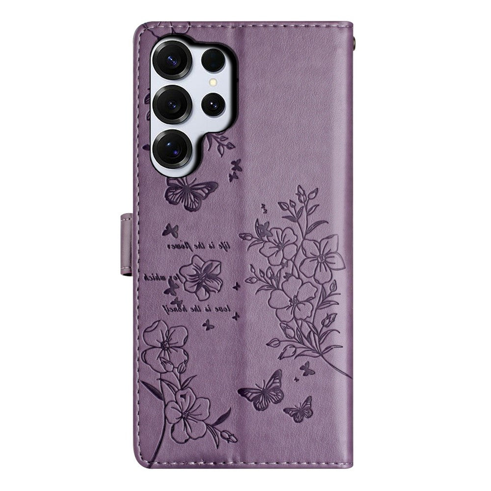 For-Samsung-Galaxy-S26-Ultra-Wallet-Phone-Case-Butterfly-Floral-Imprint-Leather-Flip-Cover-with-Strap-Purple