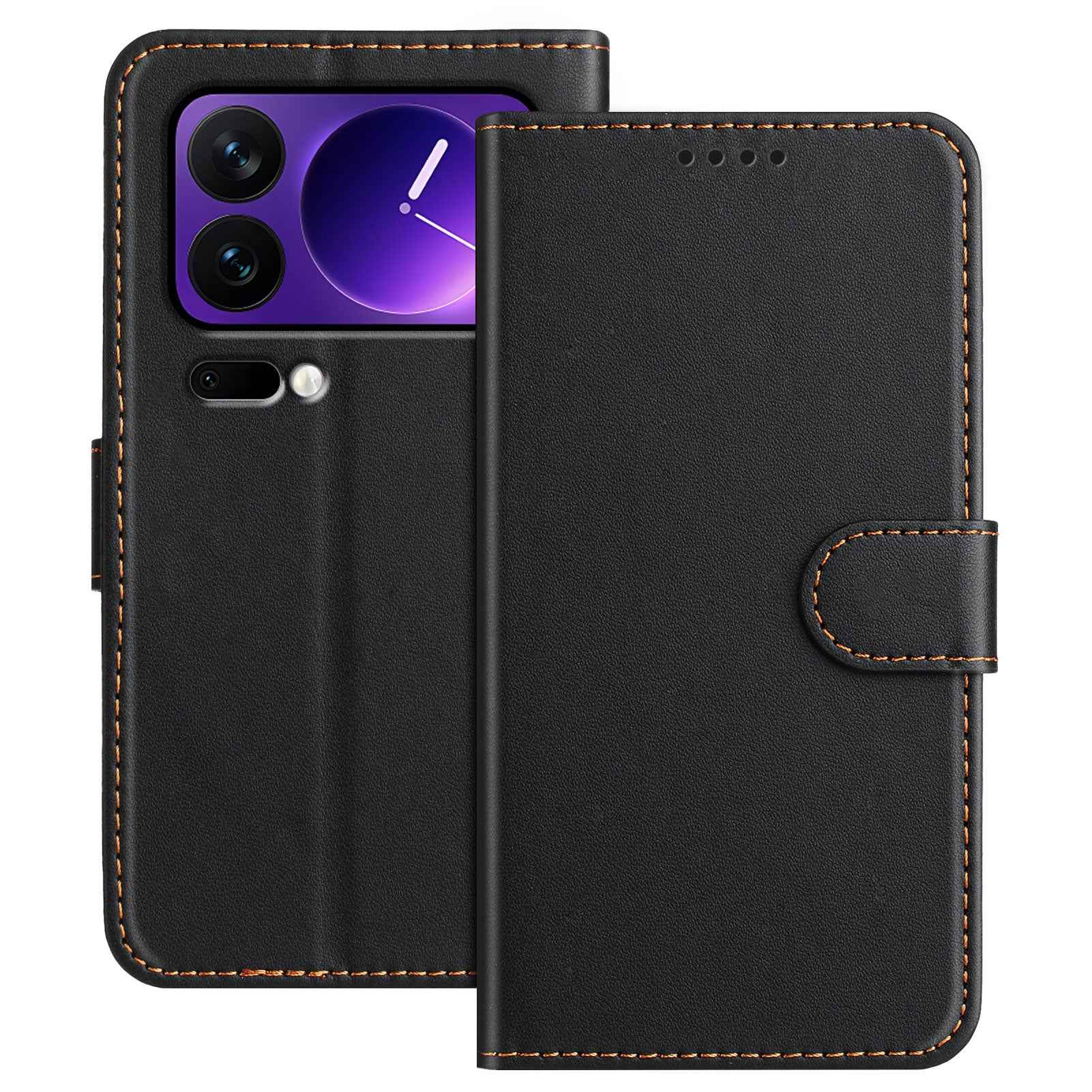 For Xiaomi 17 Pro Leather Case Wallet Stand Solid Color Anti Drop Phone Cover - Black