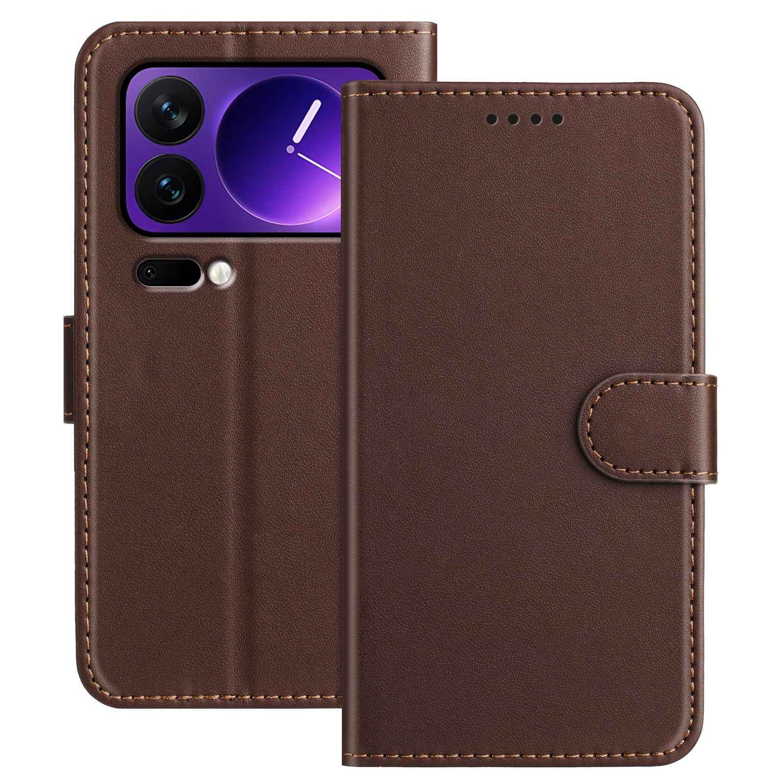 For Xiaomi 17 Pro Leather Case Wallet Stand Solid Color Anti Drop Phone Cover - Brown