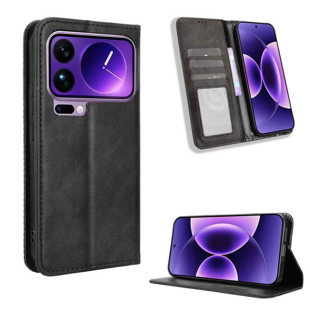 For Xiaomi 17 Pro Leather Case Wallet Stand Retro Texture Phone Cover - Black