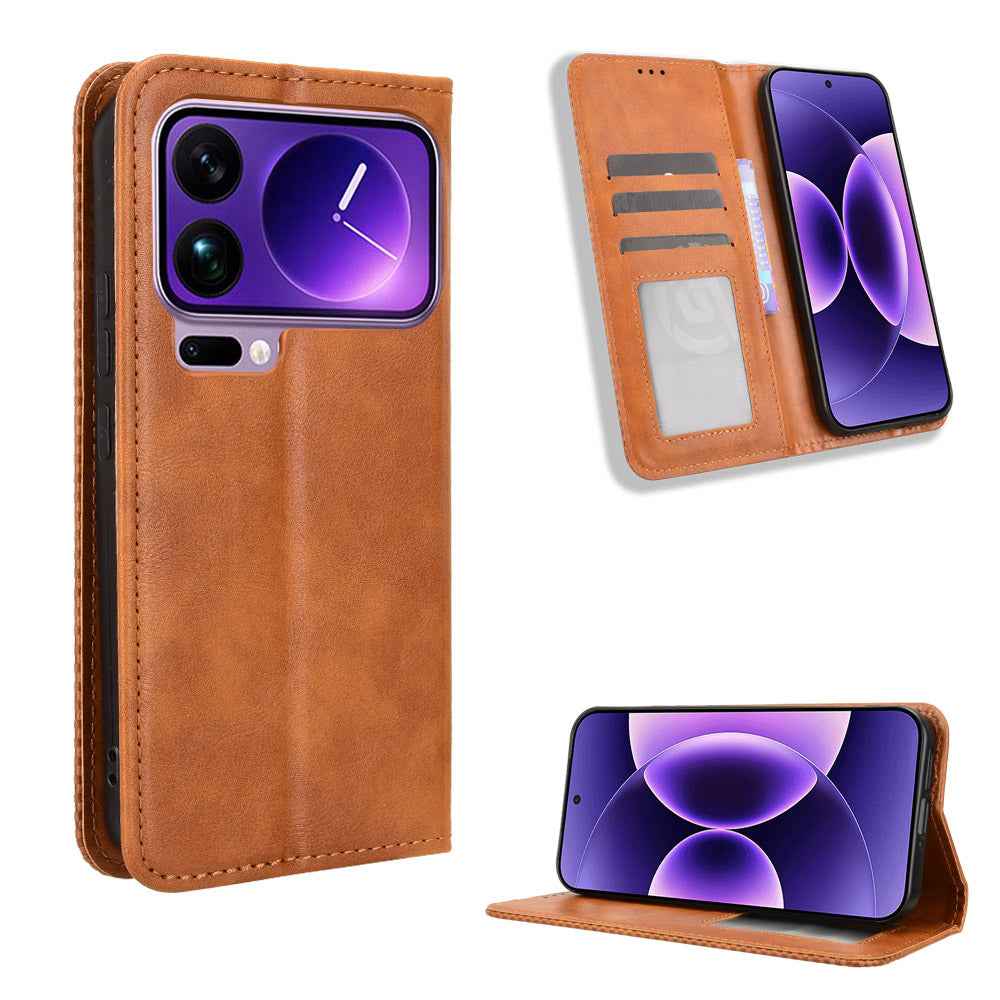 For Xiaomi 17 Pro Leather Case Wallet Stand Retro Texture Phone Cover - Brown