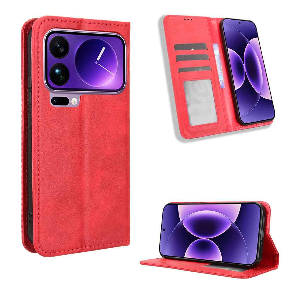 For Xiaomi 17 Pro Leather Case Wallet Stand Retro Texture Phone Cover - Red