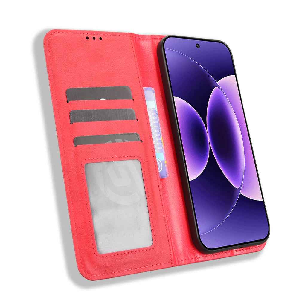 For Xiaomi 17 Pro Leather Case Wallet Stand Retro Texture Phone Cover - Red