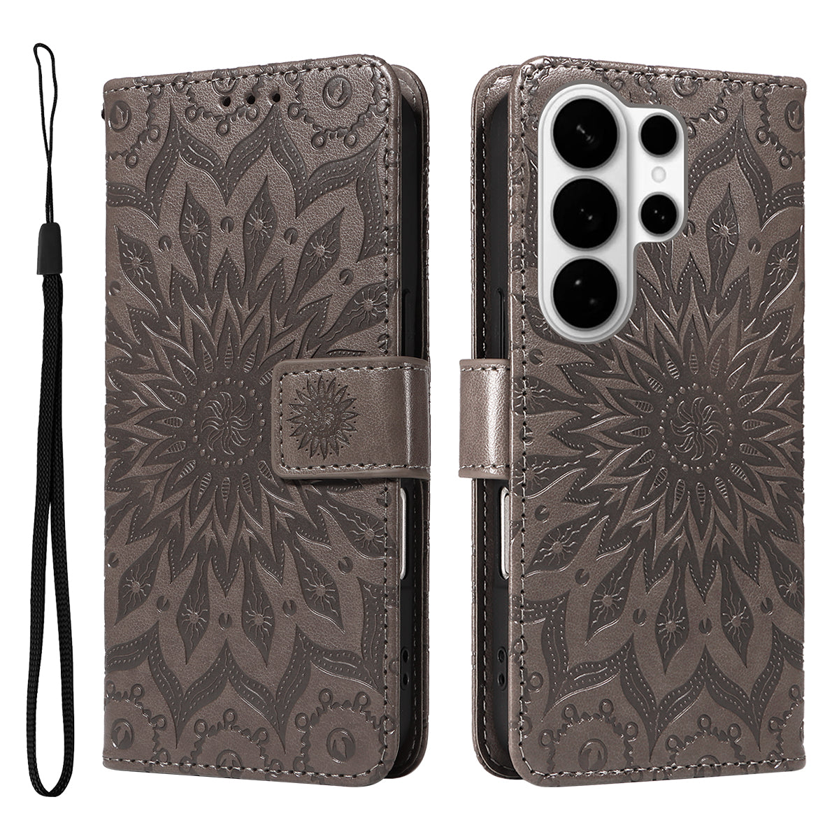 For-Samsung-Galaxy-S26-Ultra-Leather-Wallet-Case-Sunflower-Imprinted-Phone-Cover-Grey