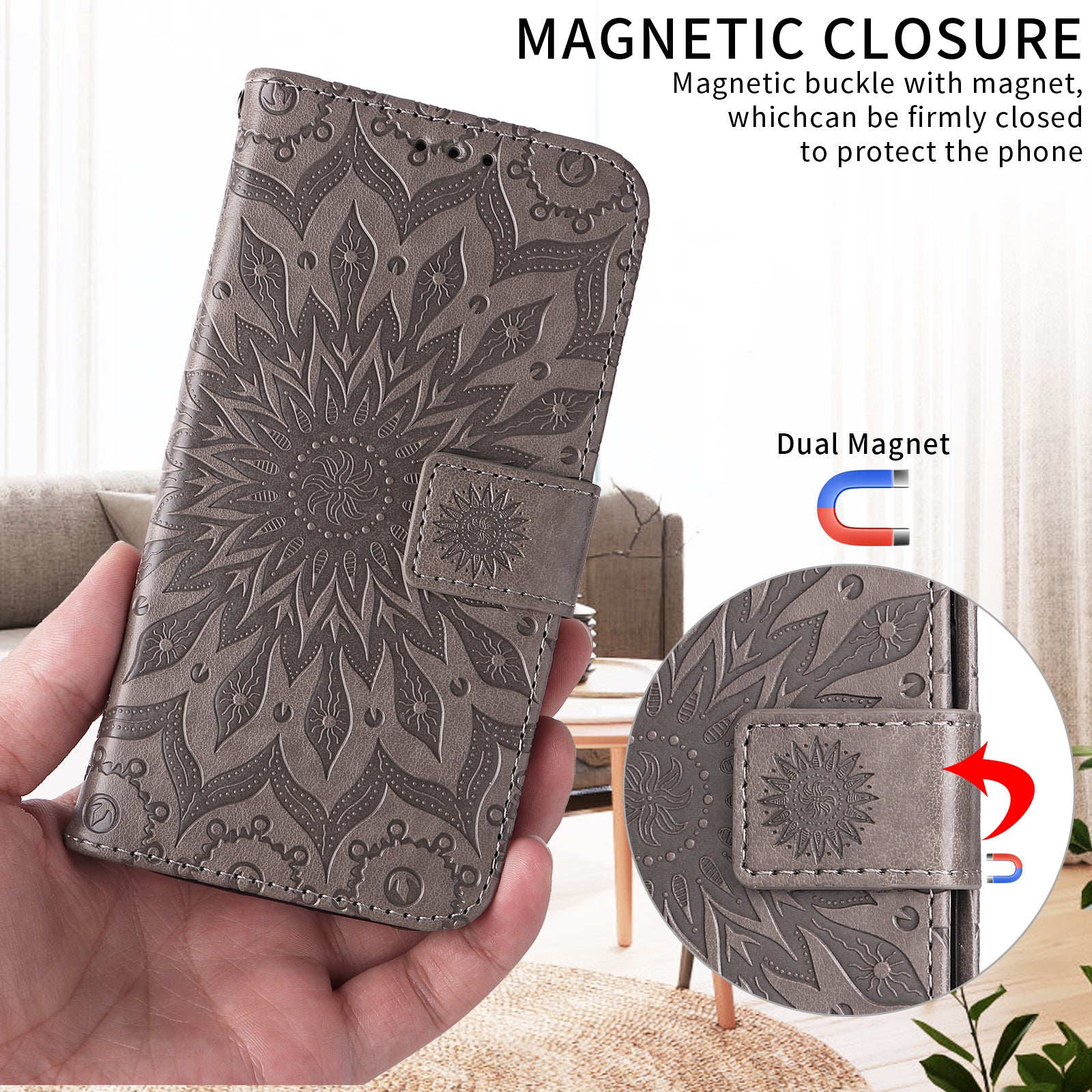 For-Samsung-Galaxy-S26-Ultra-Leather-Wallet-Case-Sunflower-Imprinted-Phone-Cover-Grey