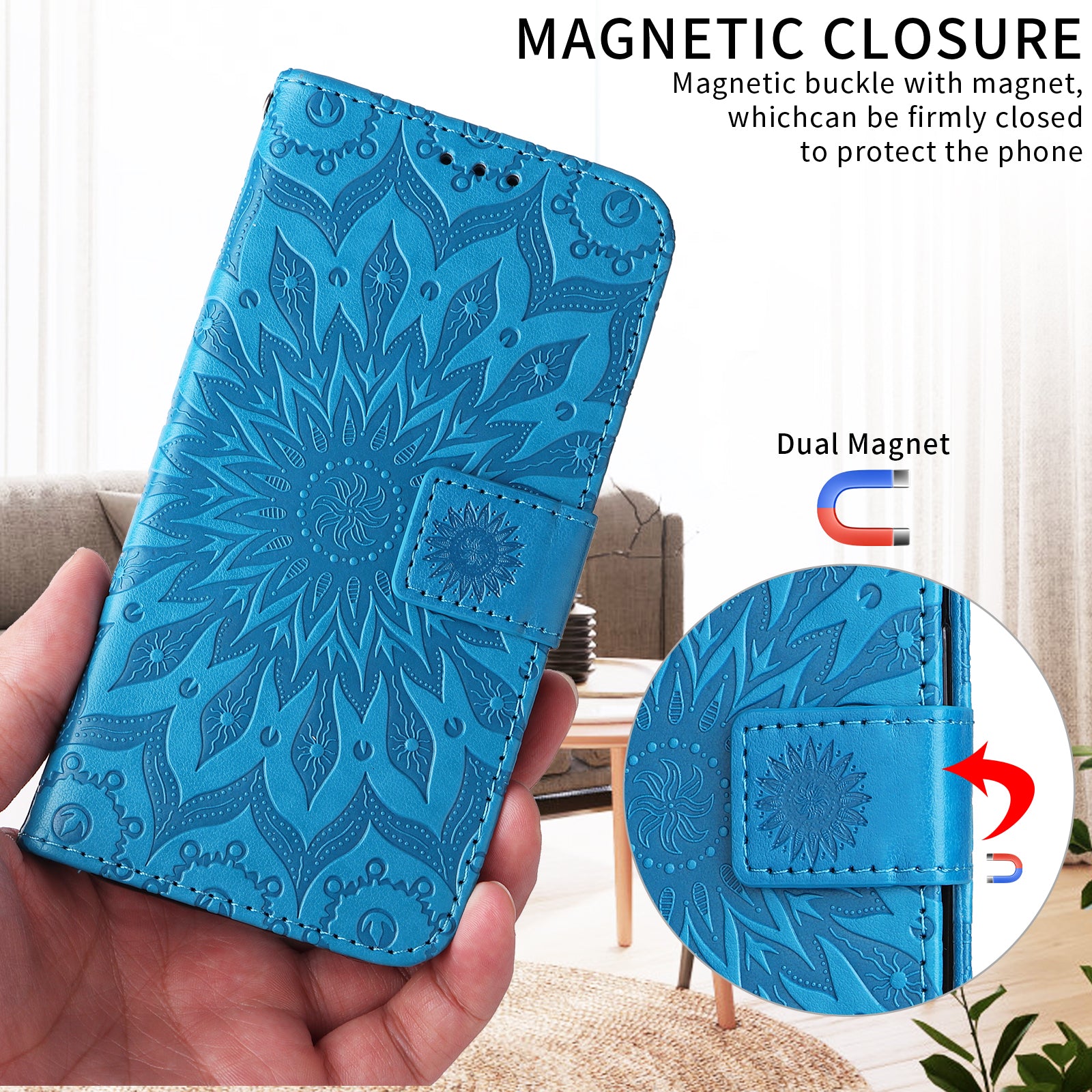 For-Samsung-Galaxy-S26-/-S26-Pro-Leather-Wallet-Case-Sunflower-Imprinted-Phone-Cover-Blue
