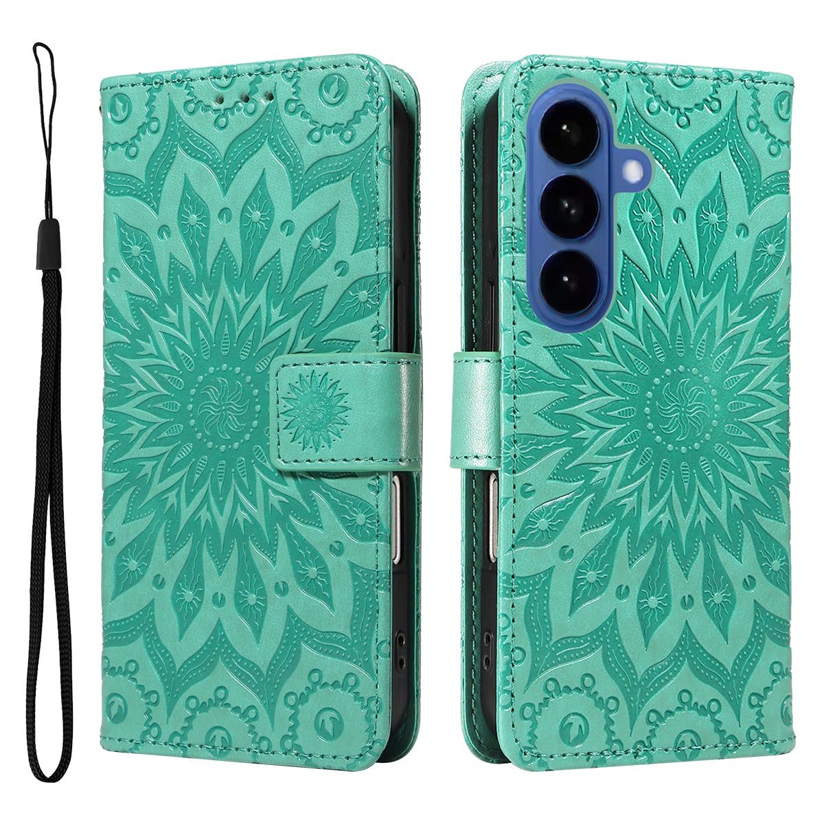 For-Samsung-Galaxy-S26-/-S26-Pro-Leather-Wallet-Case-Sunflower-Imprinted-Phone-Cover-Green