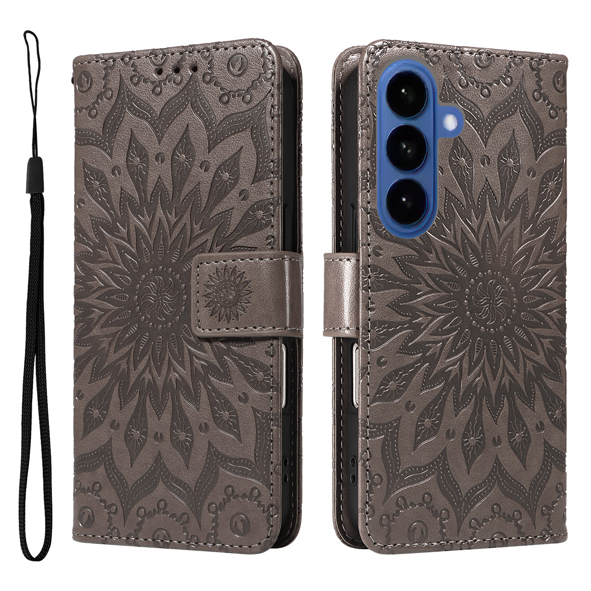 For-Samsung-Galaxy-S26-/-S26-Pro-Leather-Wallet-Case-Sunflower-Imprinted-Phone-Cover-Grey