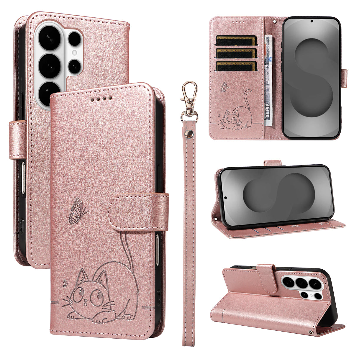 For-Samsung-Galaxy-S26-Ultra-Case-Cat-Pattern-Imprint-Leather-Phone-Cover-with-Wrist-Strap-Rose-Gold