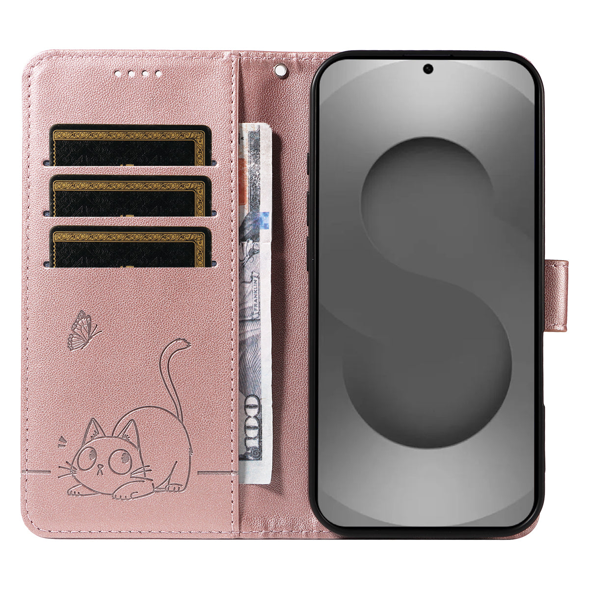 For-Samsung-Galaxy-S26-Ultra-Case-Cat-Pattern-Imprint-Leather-Phone-Cover-with-Wrist-Strap-Rose-Gold