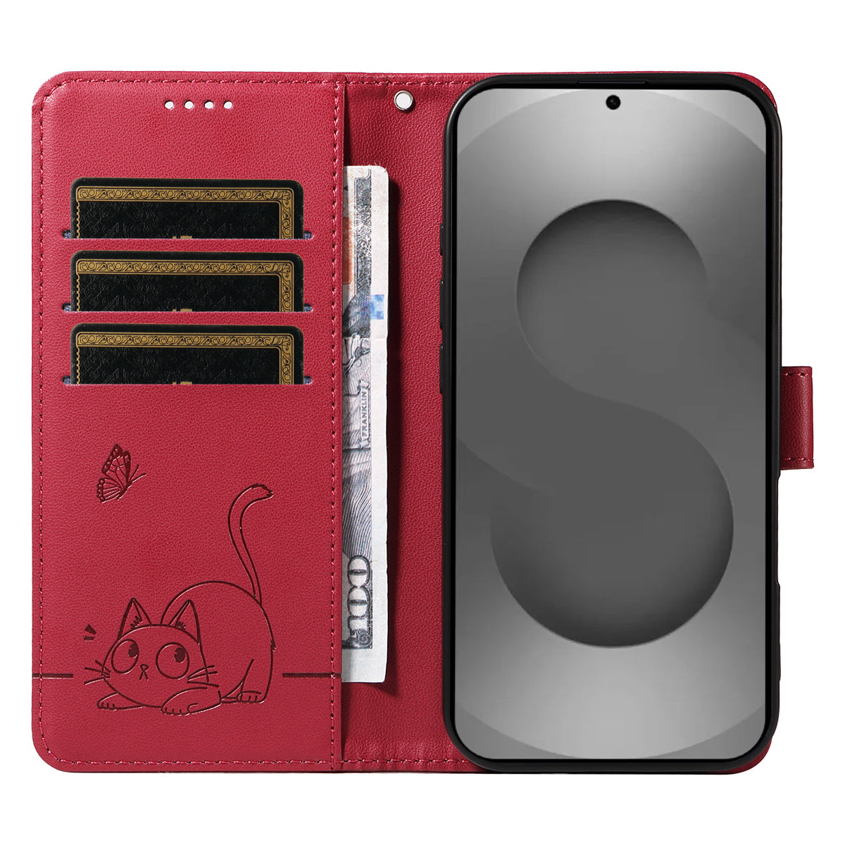 For-Samsung-Galaxy-S26-Ultra-Case-Cat-Pattern-Imprint-Leather-Phone-Cover-with-Wrist-Strap-Red
