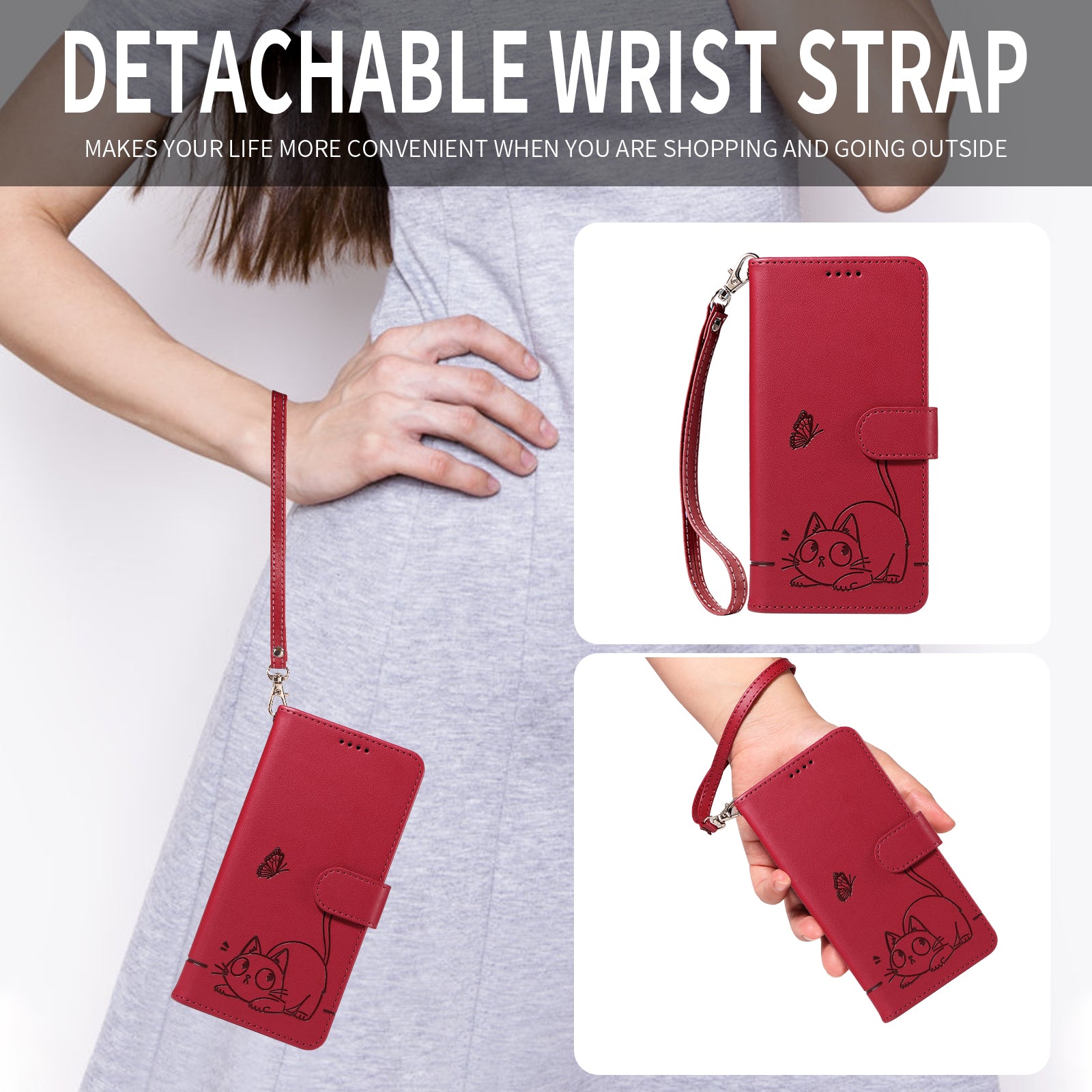 For-Samsung-Galaxy-S26-Ultra-Case-Cat-Pattern-Imprint-Leather-Phone-Cover-with-Wrist-Strap-Red