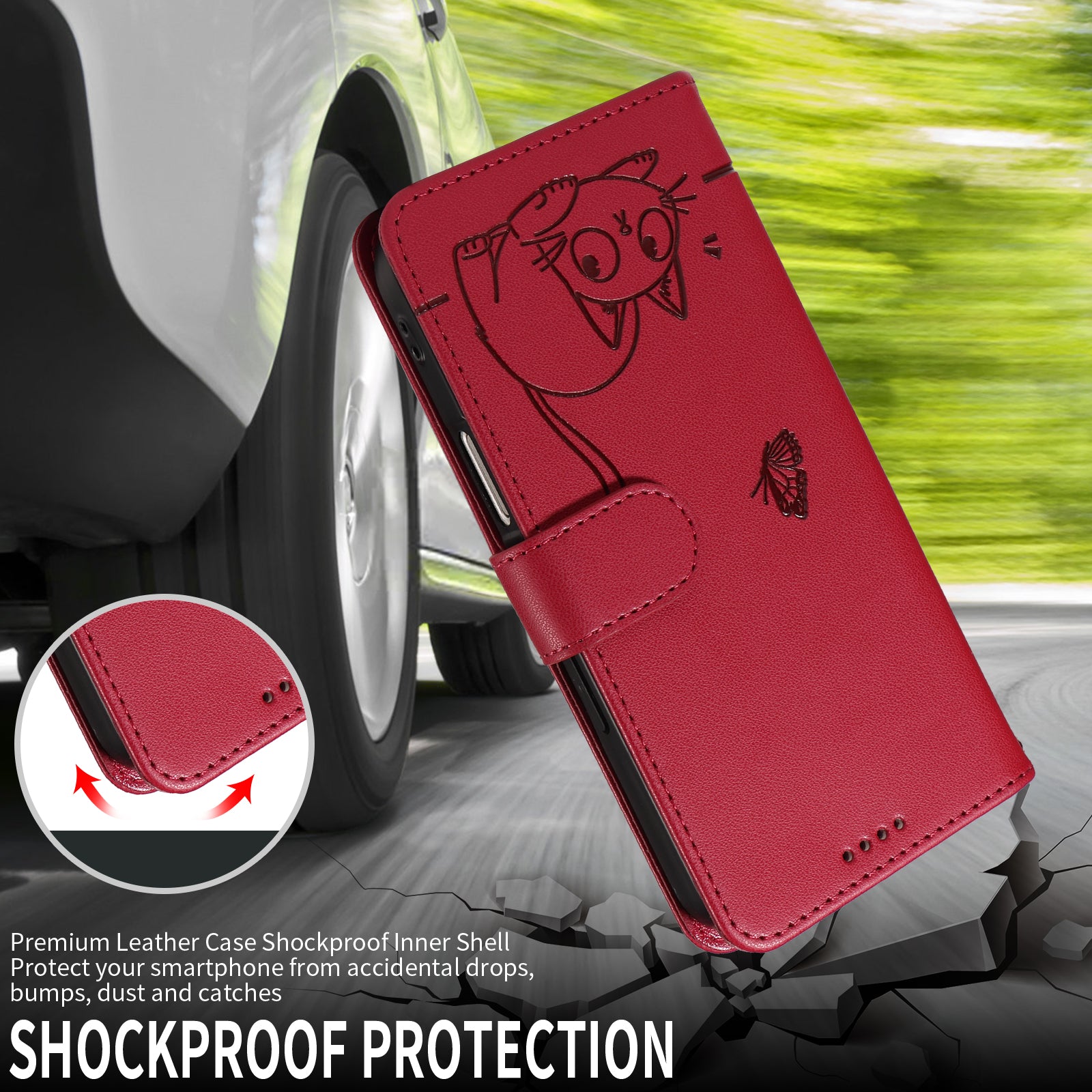 For-Samsung-Galaxy-S26-Ultra-Case-Cat-Pattern-Imprint-Leather-Phone-Cover-with-Wrist-Strap-Red