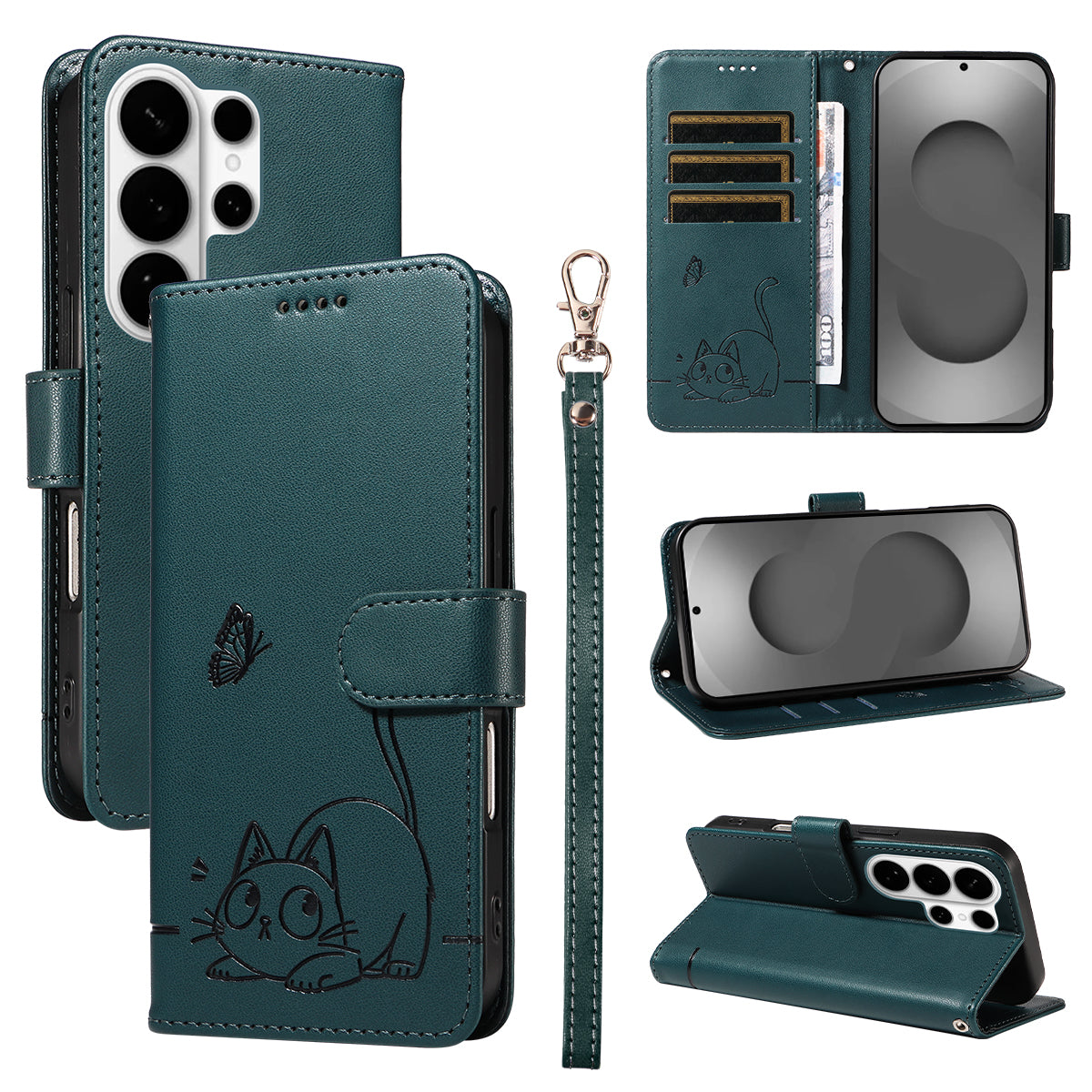 For-Samsung-Galaxy-S26-Ultra-Case-Cat-Pattern-Imprint-Leather-Phone-Cover-with-Wrist-Strap-Blue