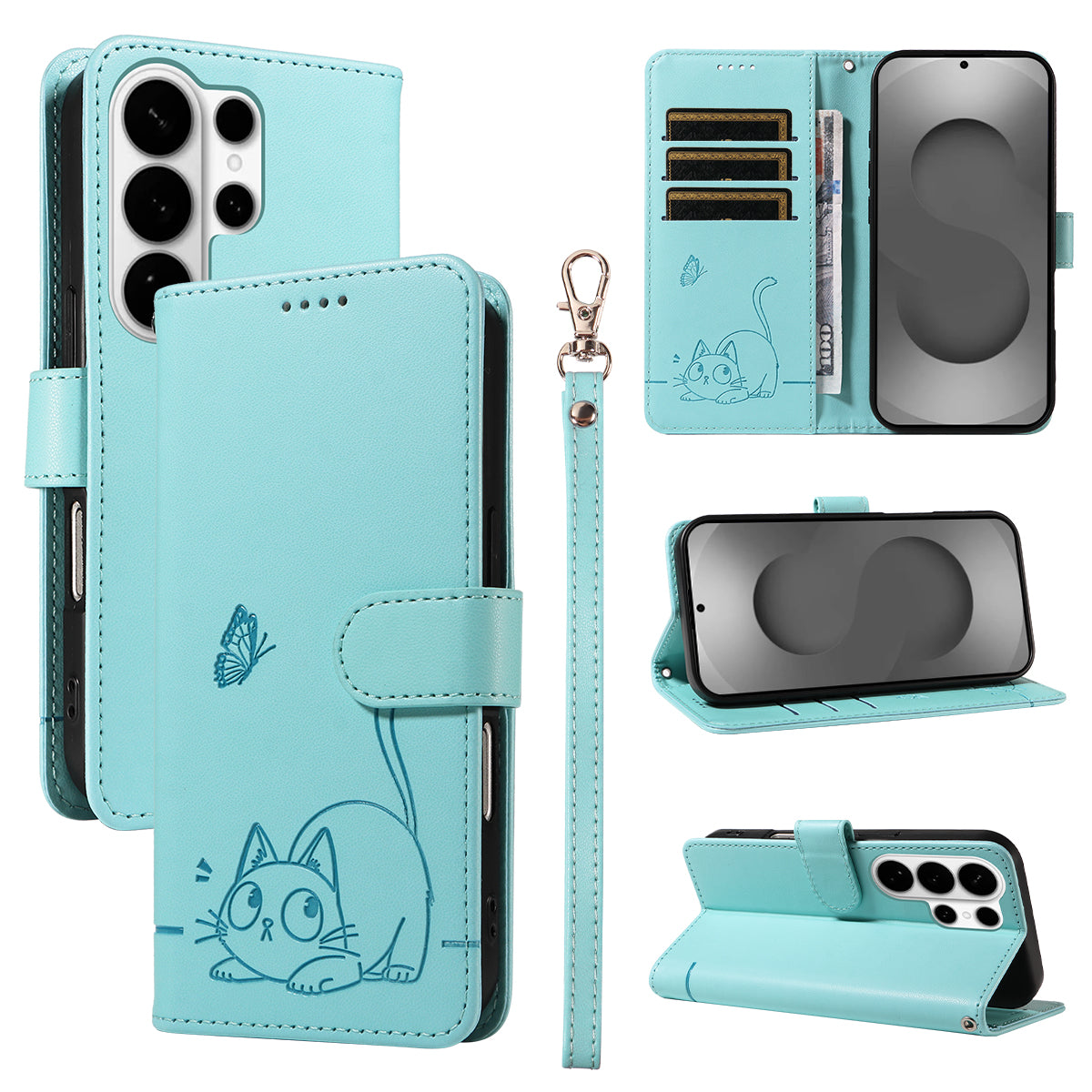 For-Samsung-Galaxy-S26-Ultra-Case-Cat-Pattern-Imprint-Leather-Phone-Cover-with-Wrist-Strap-Green