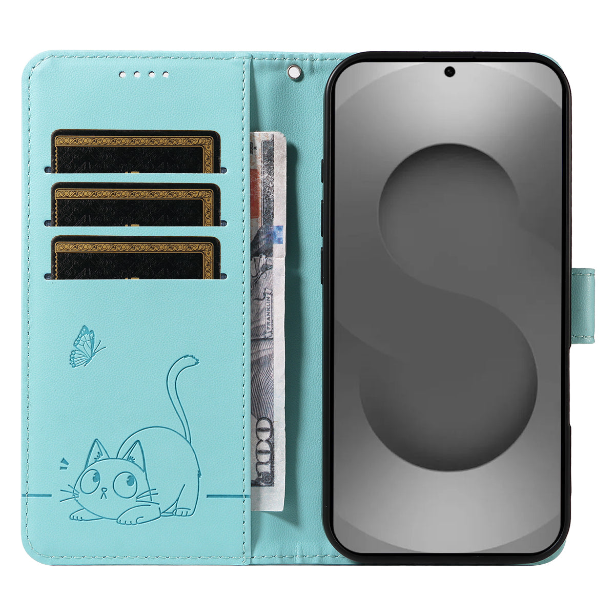 For-Samsung-Galaxy-S26-Ultra-Case-Cat-Pattern-Imprint-Leather-Phone-Cover-with-Wrist-Strap-Green