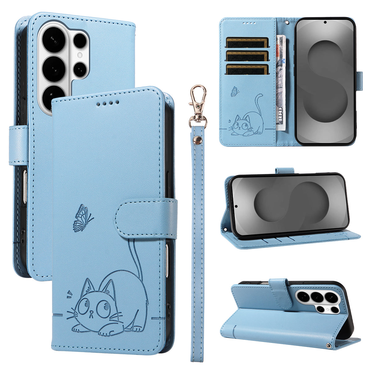 For-Samsung-Galaxy-S26-Ultra-Case-Cat-Pattern-Imprint-Leather-Phone-Cover-with-Wrist-Strap-Sky-Blue