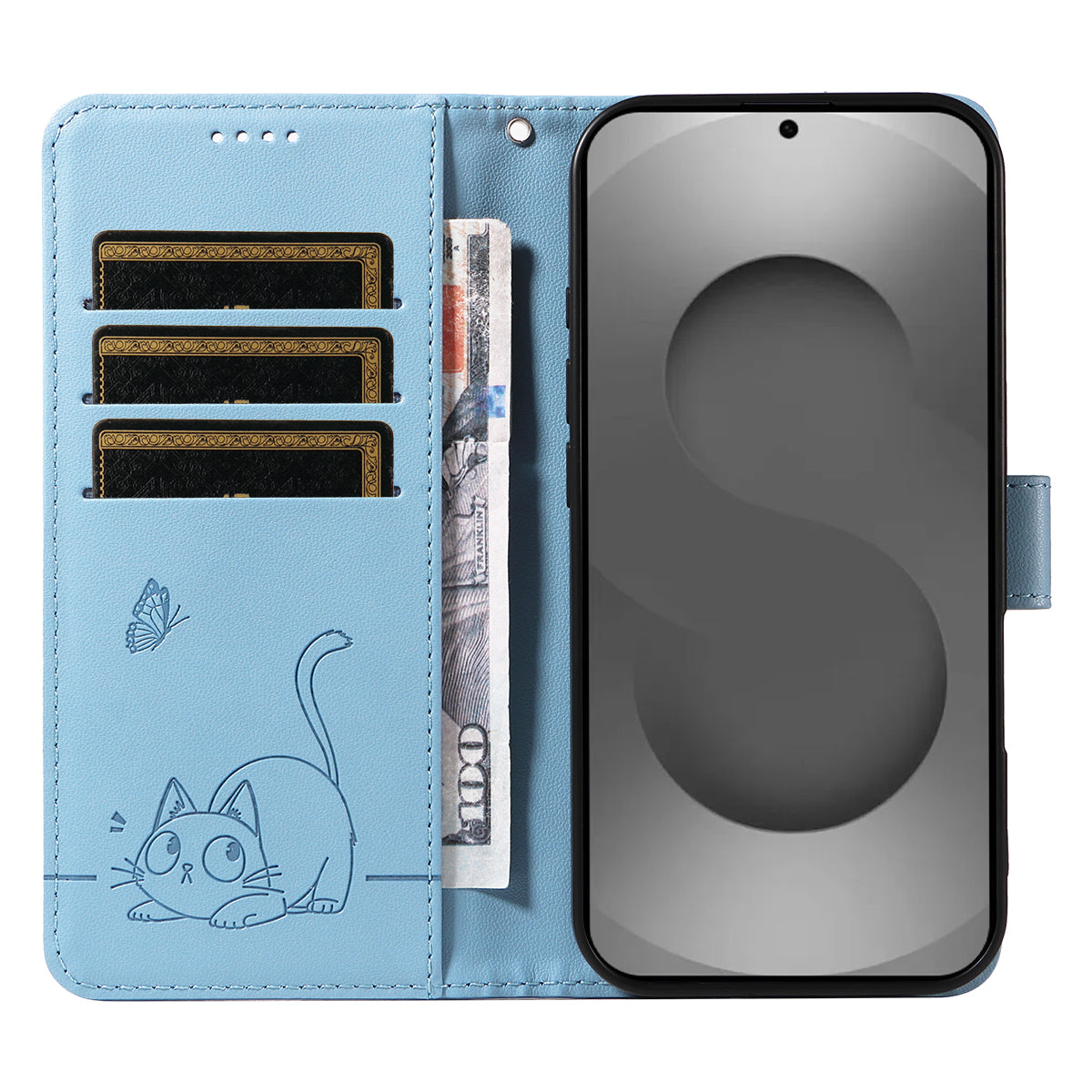 For-Samsung-Galaxy-S26-Ultra-Case-Cat-Pattern-Imprint-Leather-Phone-Cover-with-Wrist-Strap-Sky-Blue