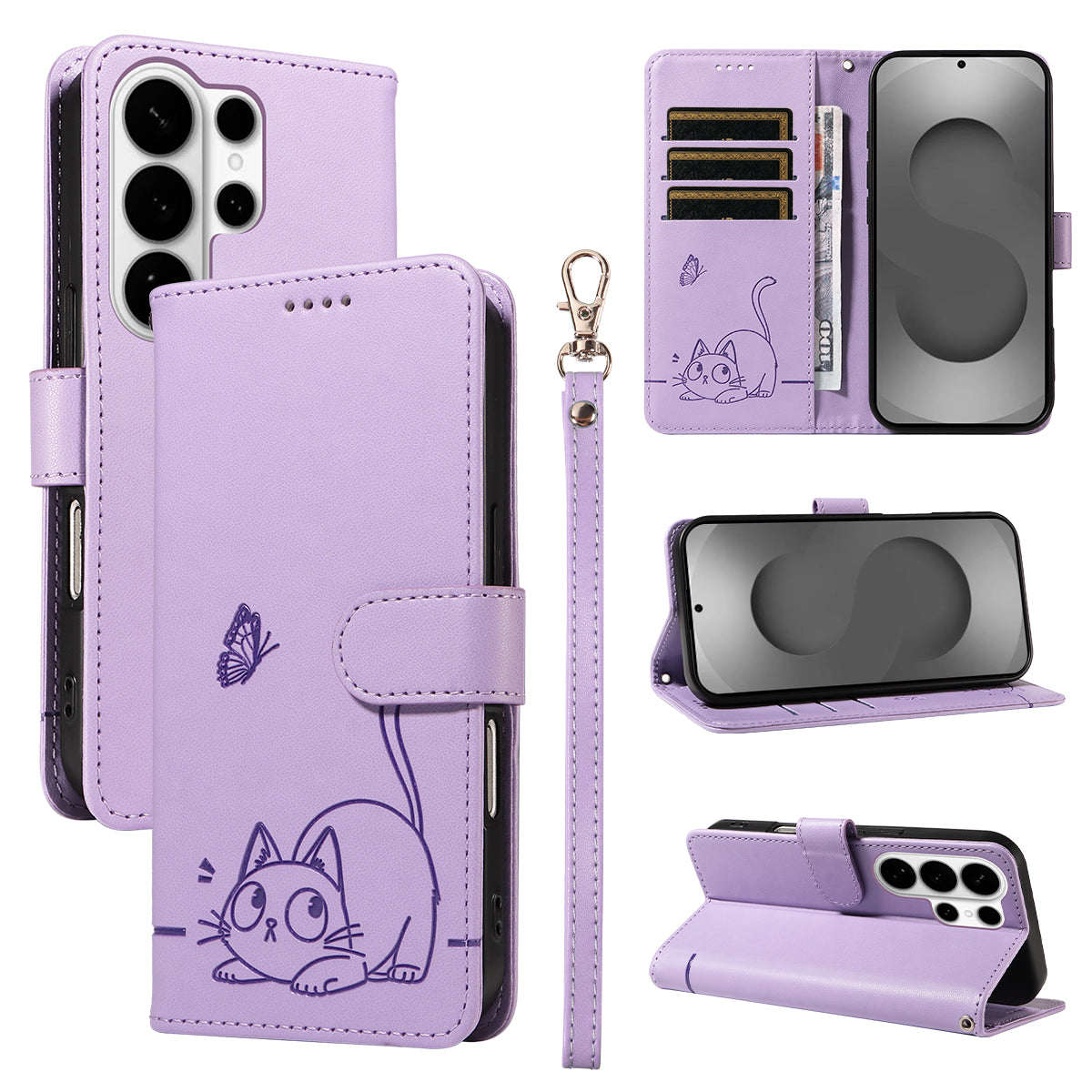 For-Samsung-Galaxy-S26-Ultra-Case-Cat-Pattern-Imprint-Leather-Phone-Cover-with-Wrist-Strap-Purple