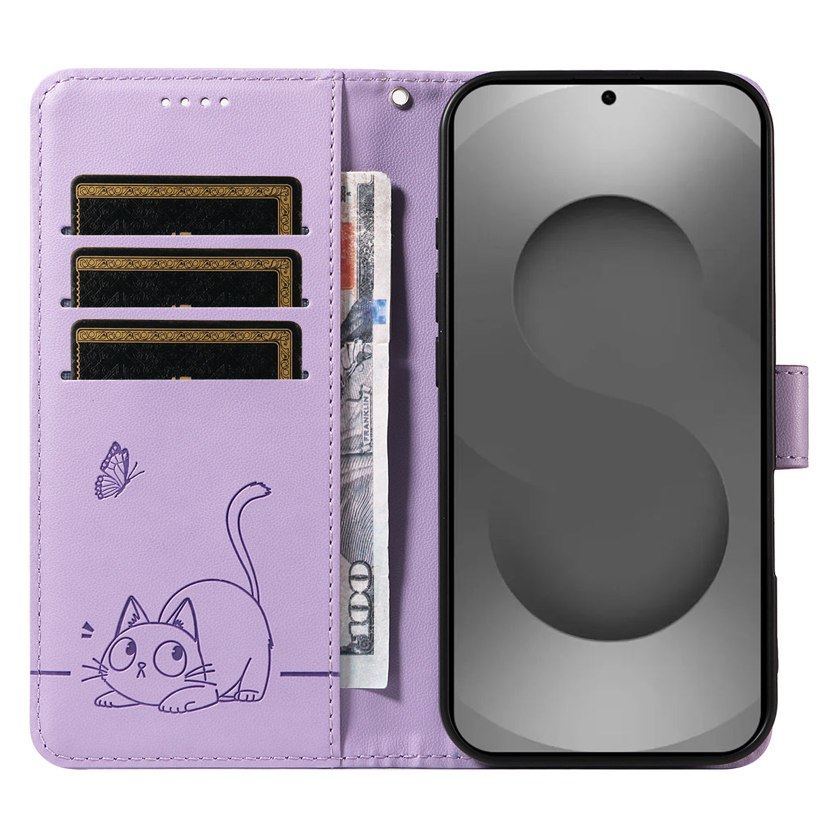 For-Samsung-Galaxy-S26-Ultra-Case-Cat-Pattern-Imprint-Leather-Phone-Cover-with-Wrist-Strap-Purple