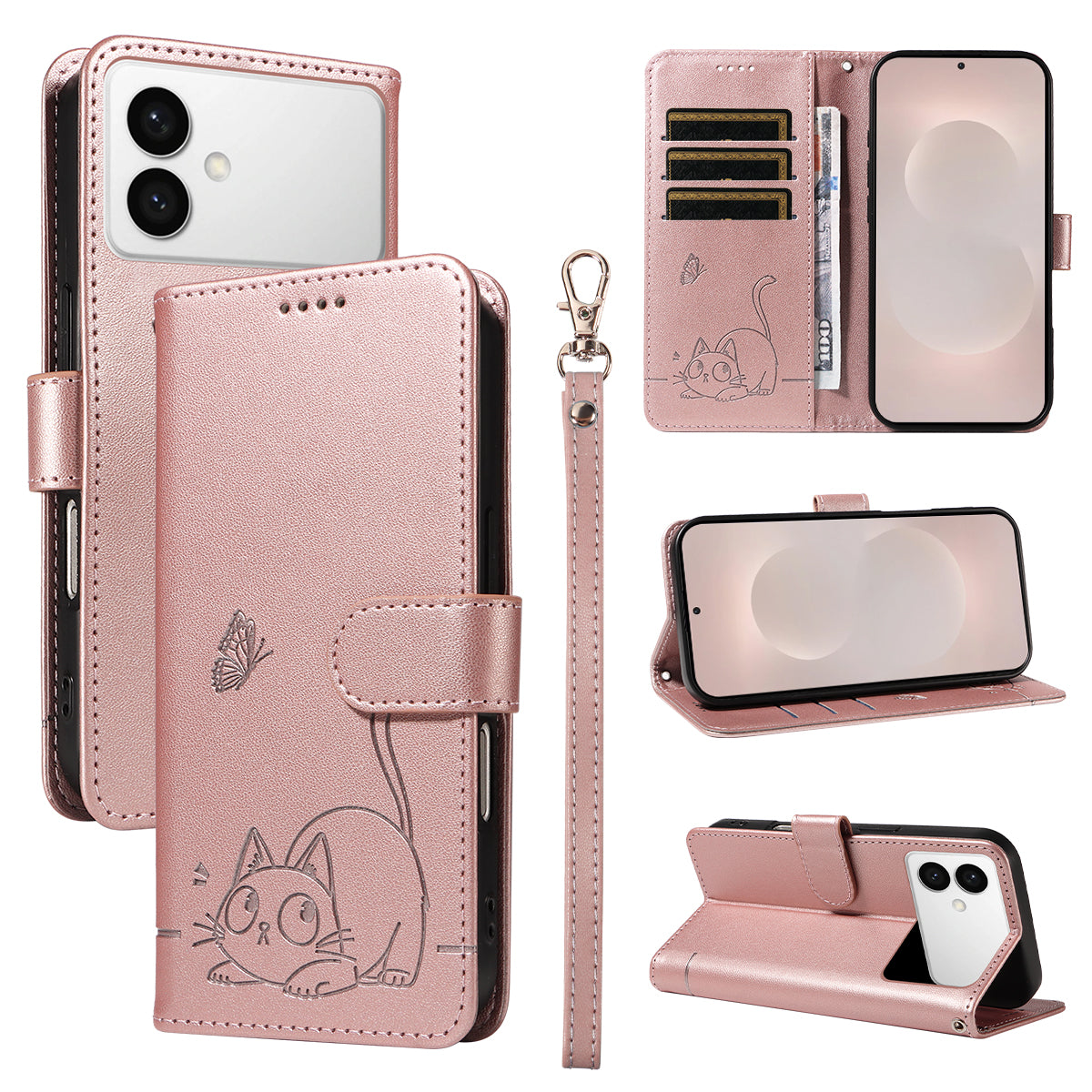 For-Samsung-Galaxy-S26-Edge-Case-Cat-Pattern-Imprint-Leather-Phone-Cover-with-Wrist-Strap-Rose-Gold