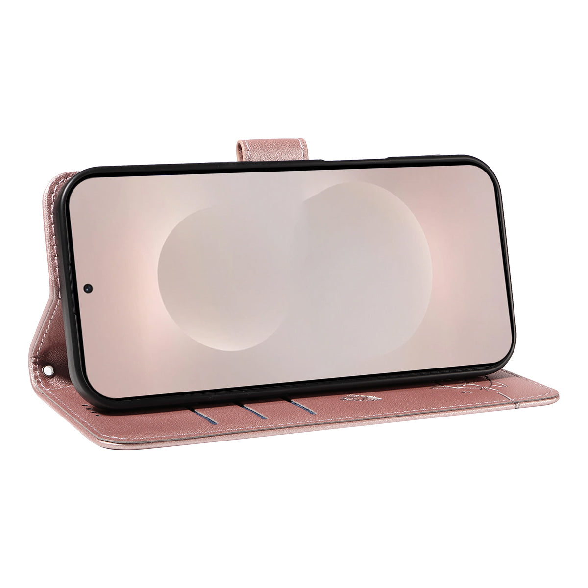 For-Samsung-Galaxy-S26-Edge-Case-Cat-Pattern-Imprint-Leather-Phone-Cover-with-Wrist-Strap-Rose-Gold