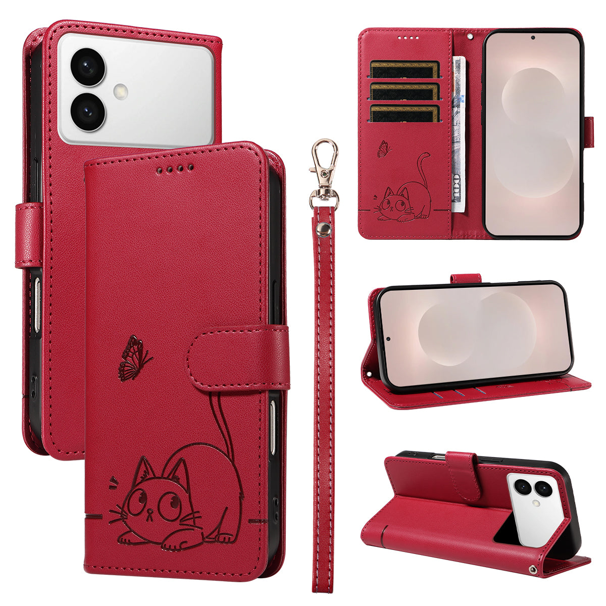 For-Samsung-Galaxy-S26-Edge-Case-Cat-Pattern-Imprint-Leather-Phone-Cover-with-Wrist-Strap-Red