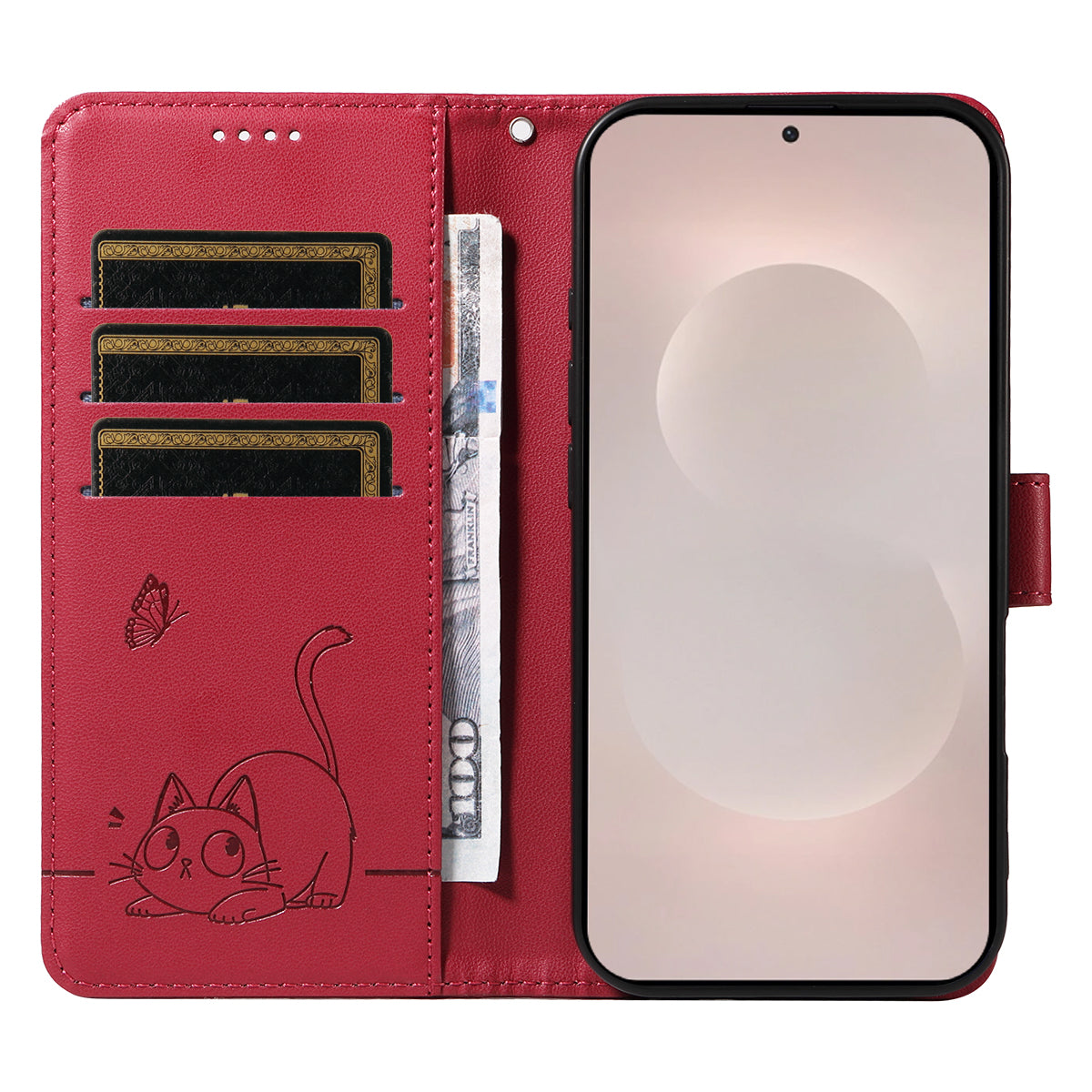 For-Samsung-Galaxy-S26-Edge-Case-Cat-Pattern-Imprint-Leather-Phone-Cover-with-Wrist-Strap-Red