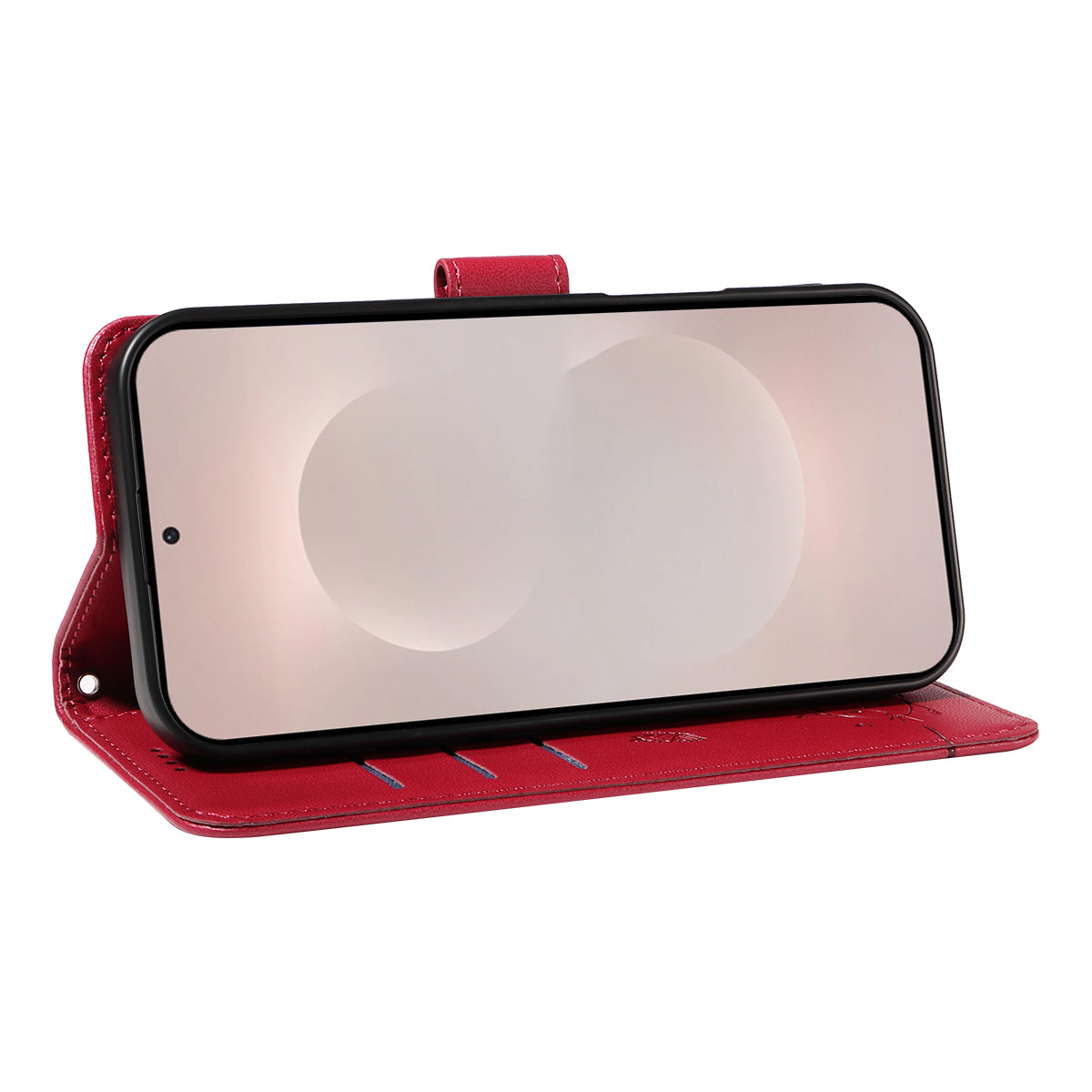 For-Samsung-Galaxy-S26-Edge-Case-Cat-Pattern-Imprint-Leather-Phone-Cover-with-Wrist-Strap-Red