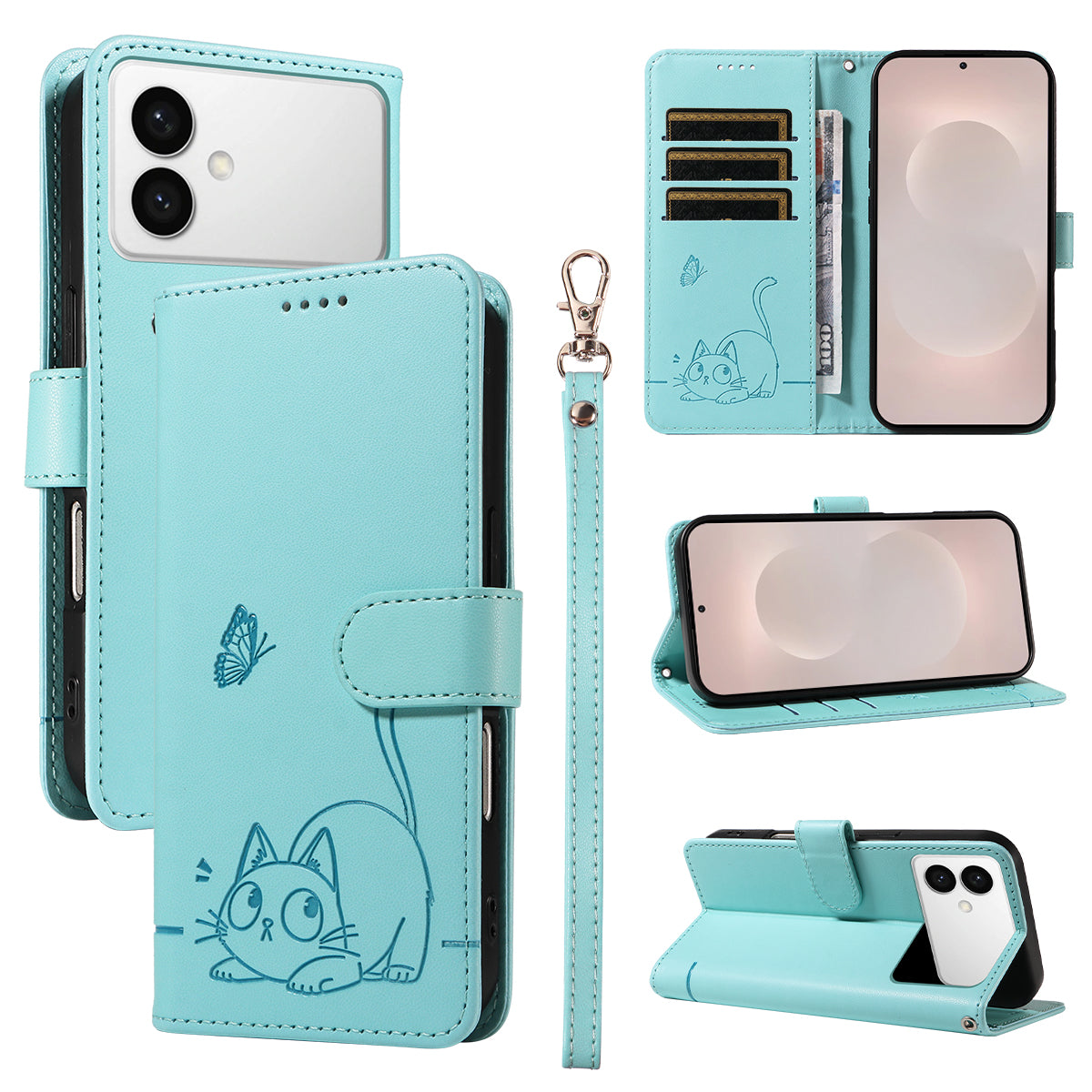 For-Samsung-Galaxy-S26-Edge-Case-Cat-Pattern-Imprint-Leather-Phone-Cover-with-Wrist-Strap-Green