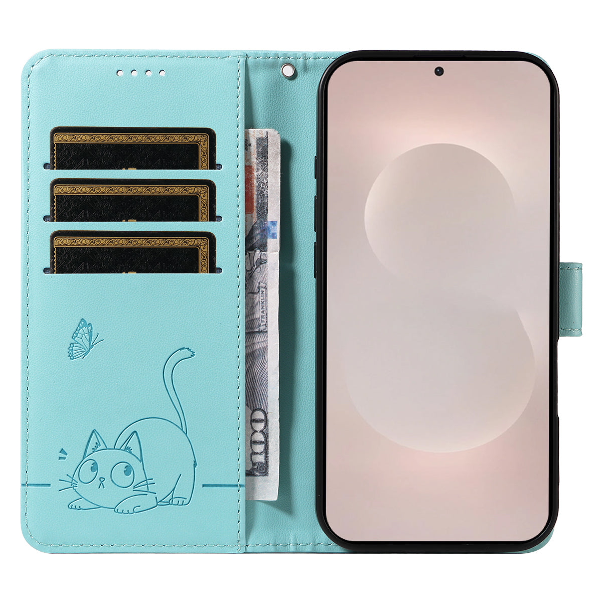 For-Samsung-Galaxy-S26-Edge-Case-Cat-Pattern-Imprint-Leather-Phone-Cover-with-Wrist-Strap-Green