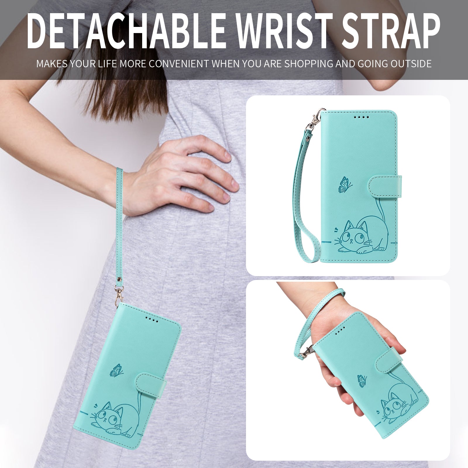 For-Samsung-Galaxy-S26-Edge-Case-Cat-Pattern-Imprint-Leather-Phone-Cover-with-Wrist-Strap-Green