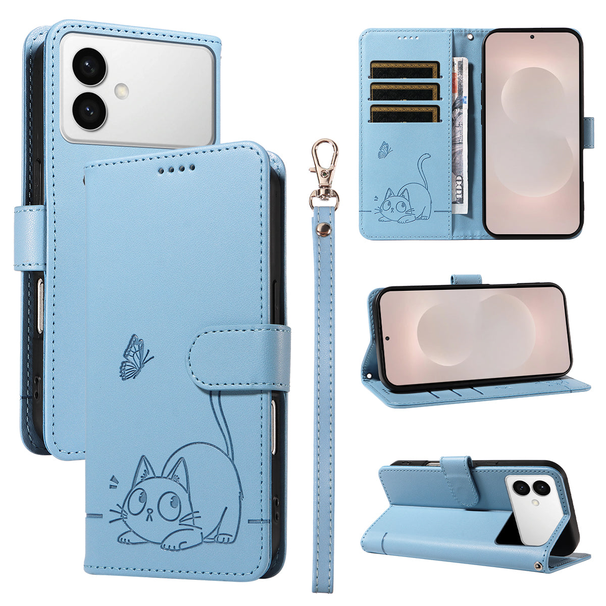 For-Samsung-Galaxy-S26-Edge-Case-Cat-Pattern-Imprint-Leather-Phone-Cover-with-Wrist-Strap-Sky-Blue