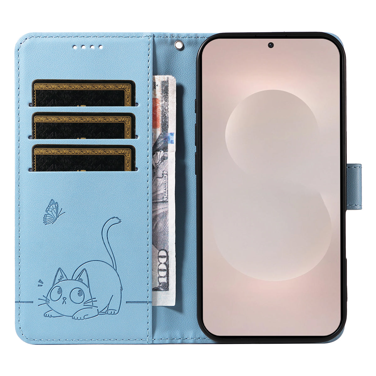 For-Samsung-Galaxy-S26-Edge-Case-Cat-Pattern-Imprint-Leather-Phone-Cover-with-Wrist-Strap-Sky-Blue