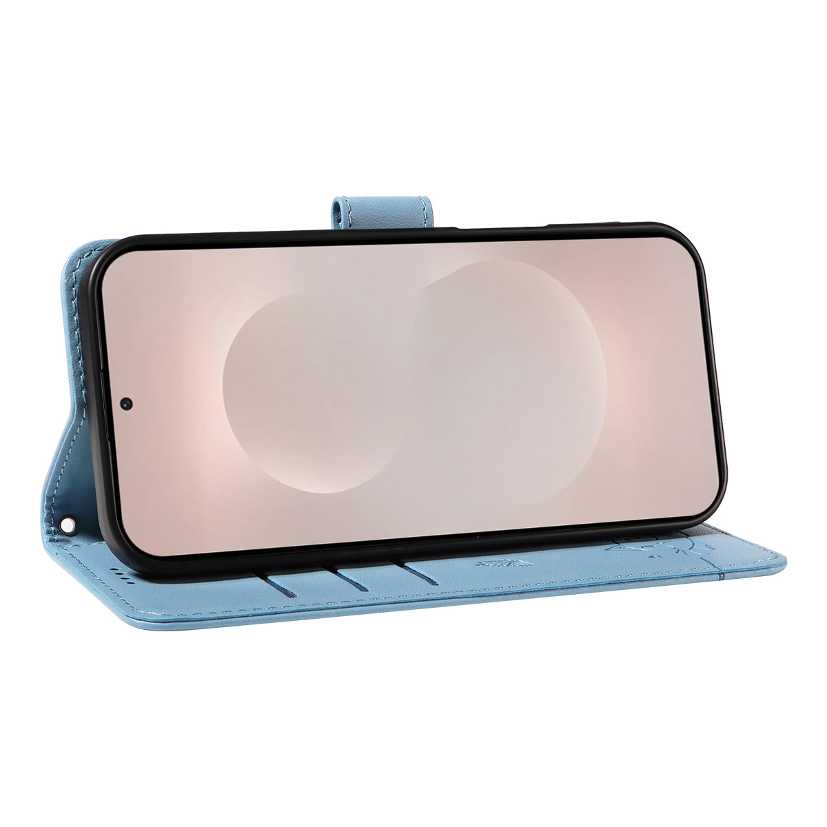 For-Samsung-Galaxy-S26-Edge-Case-Cat-Pattern-Imprint-Leather-Phone-Cover-with-Wrist-Strap-Sky-Blue