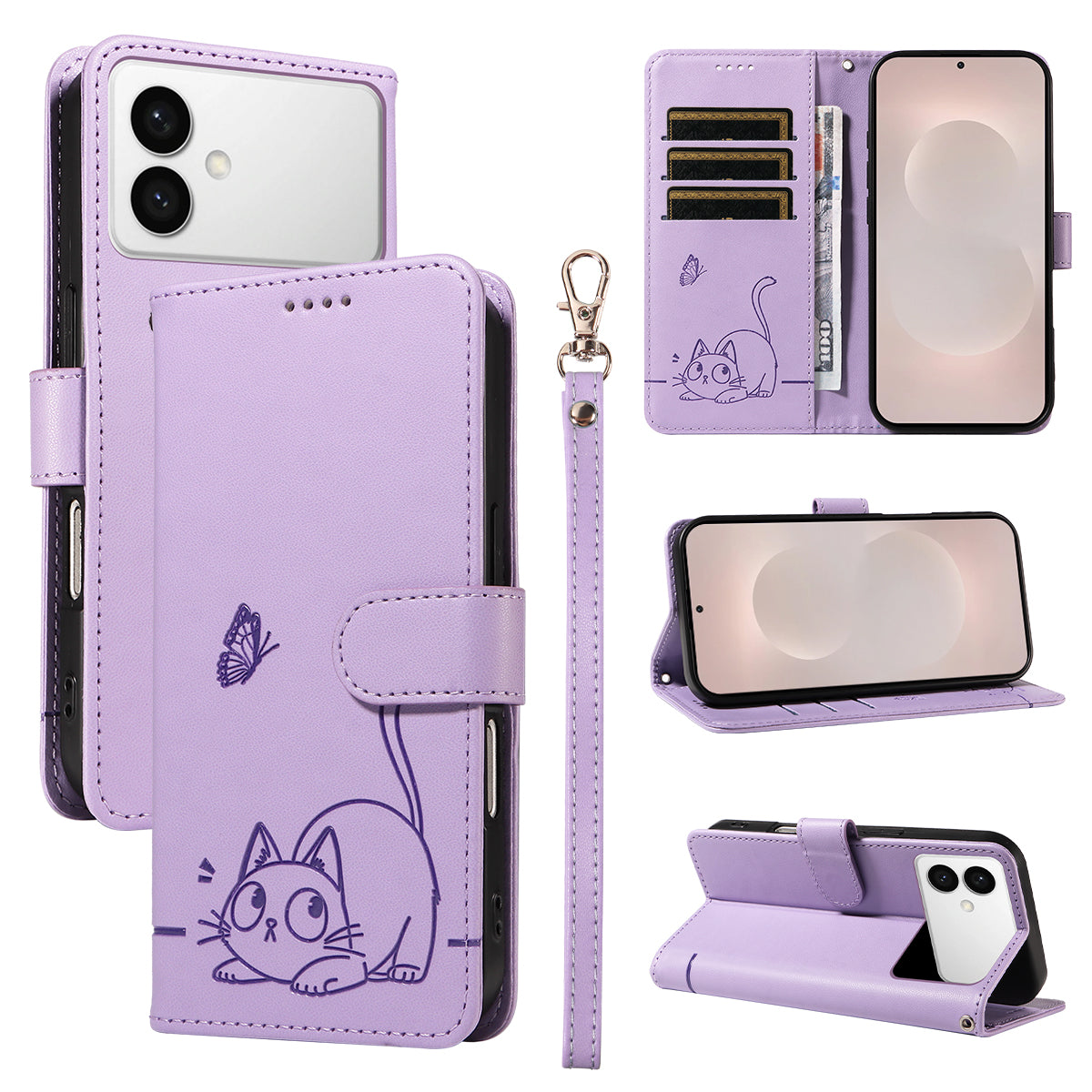 For-Samsung-Galaxy-S26-Edge-Case-Cat-Pattern-Imprint-Leather-Phone-Cover-with-Wrist-Strap-Purple