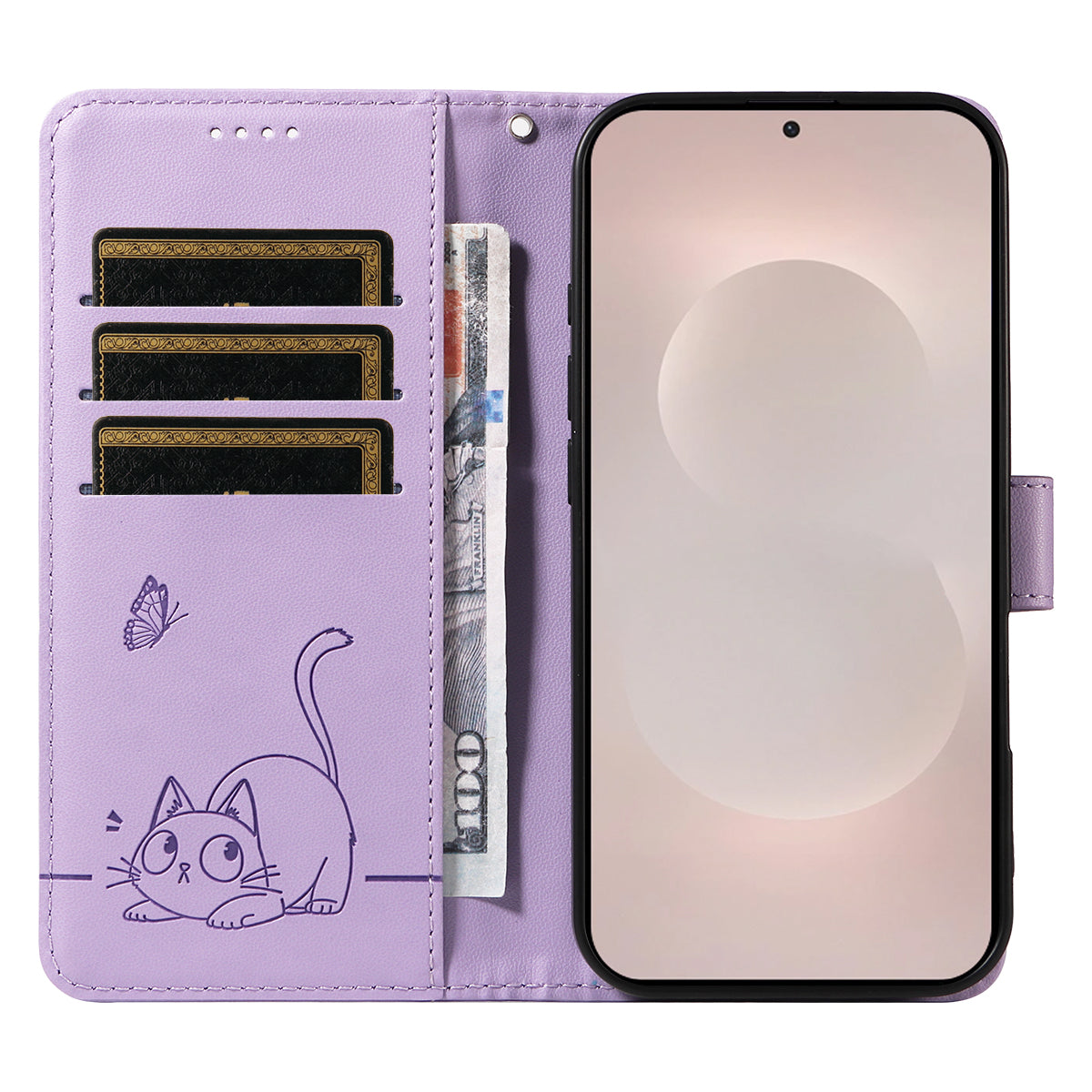 For-Samsung-Galaxy-S26-Edge-Case-Cat-Pattern-Imprint-Leather-Phone-Cover-with-Wrist-Strap-Purple